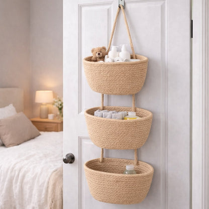 Woven cotton 3-Tier Over the Door Basket, Wall-Mounted Jute Storage Organizer