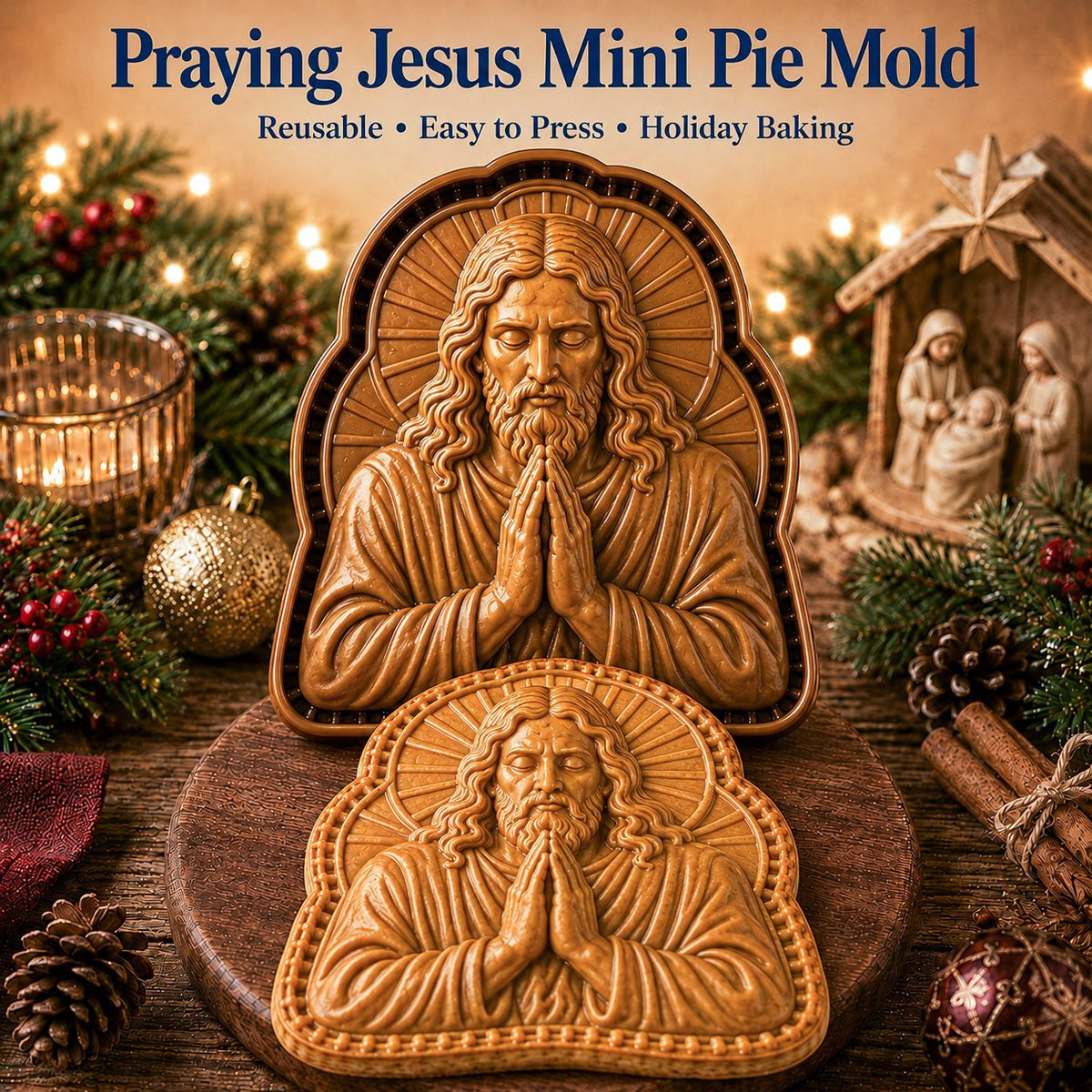 Faith & Nativity Christmas Mini Pie Mold Collection | Reusable Embossed Molds for Shaping Detailed Praying Jesus