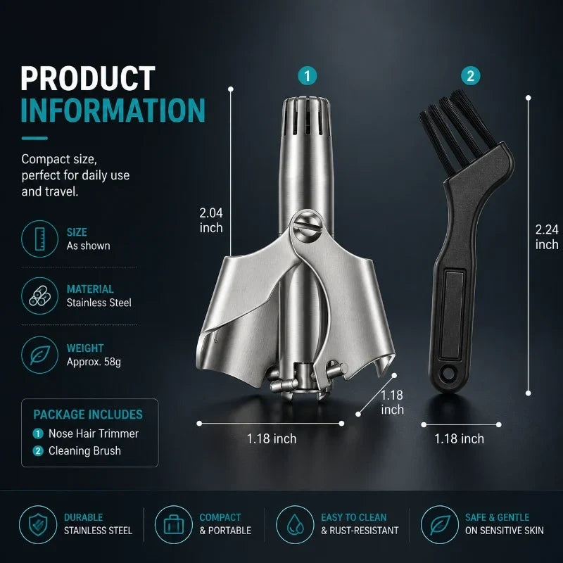 Manual Nose Hair Trimmer Stainless Steel 360 Trimmer, Waterproof & No Battery Required
