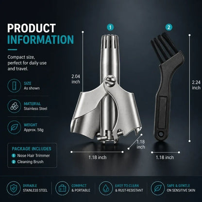 Manual Nose Hair Trimmer Stainless Steel 360 Trimmer, Waterproof & No Battery Required