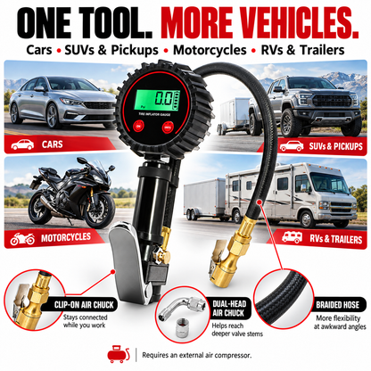 200 PSI Digital Tire Inflator Gauge 3-in-1 Air Chuck, Pressure Gauge & Bleeder