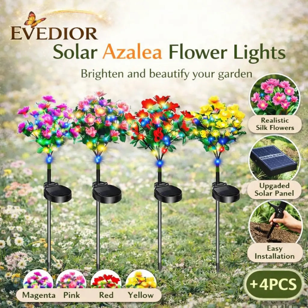 Solar Azalea Flower Lights 4 Pack | IP65 Waterproof Realistic Multi-Color Stakes for Garden & Cemetery Memorial Decor