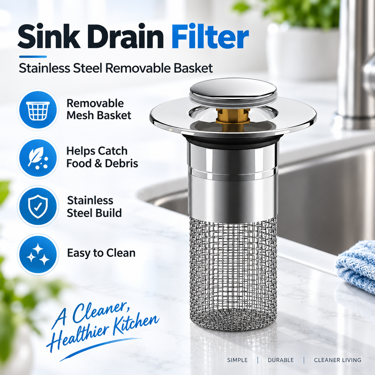 DrainGuard 2-in-1 Pop-Up Sink Stopper & Stainless Steel Hair Catcher
