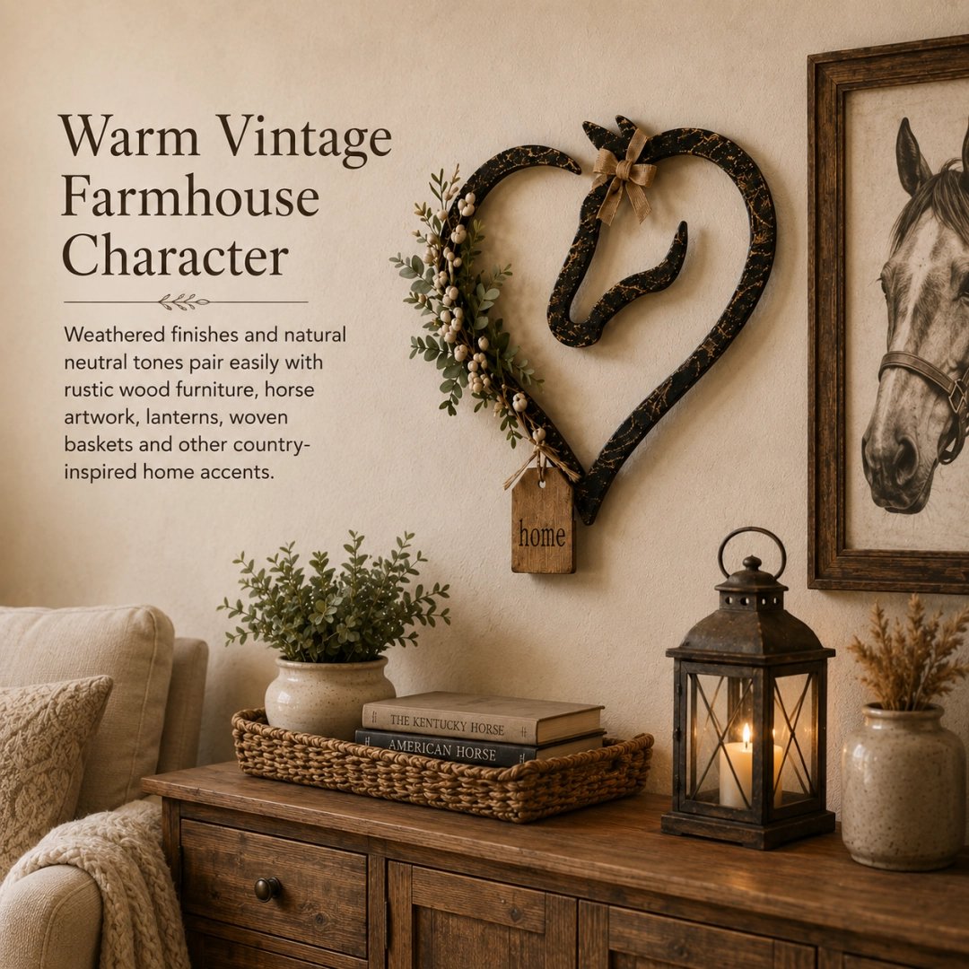 Rustic Horse Heart Wall Decor with Greenery Farmhouse Equestrian Home Accent