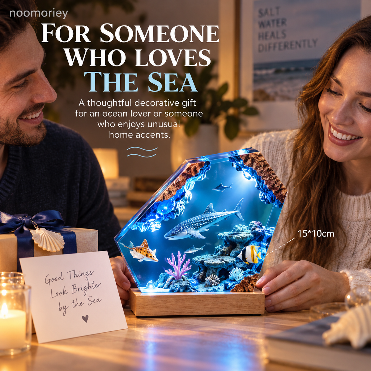 Ocean Scene Night Light Whale Shark Display with Wood-Grain Base