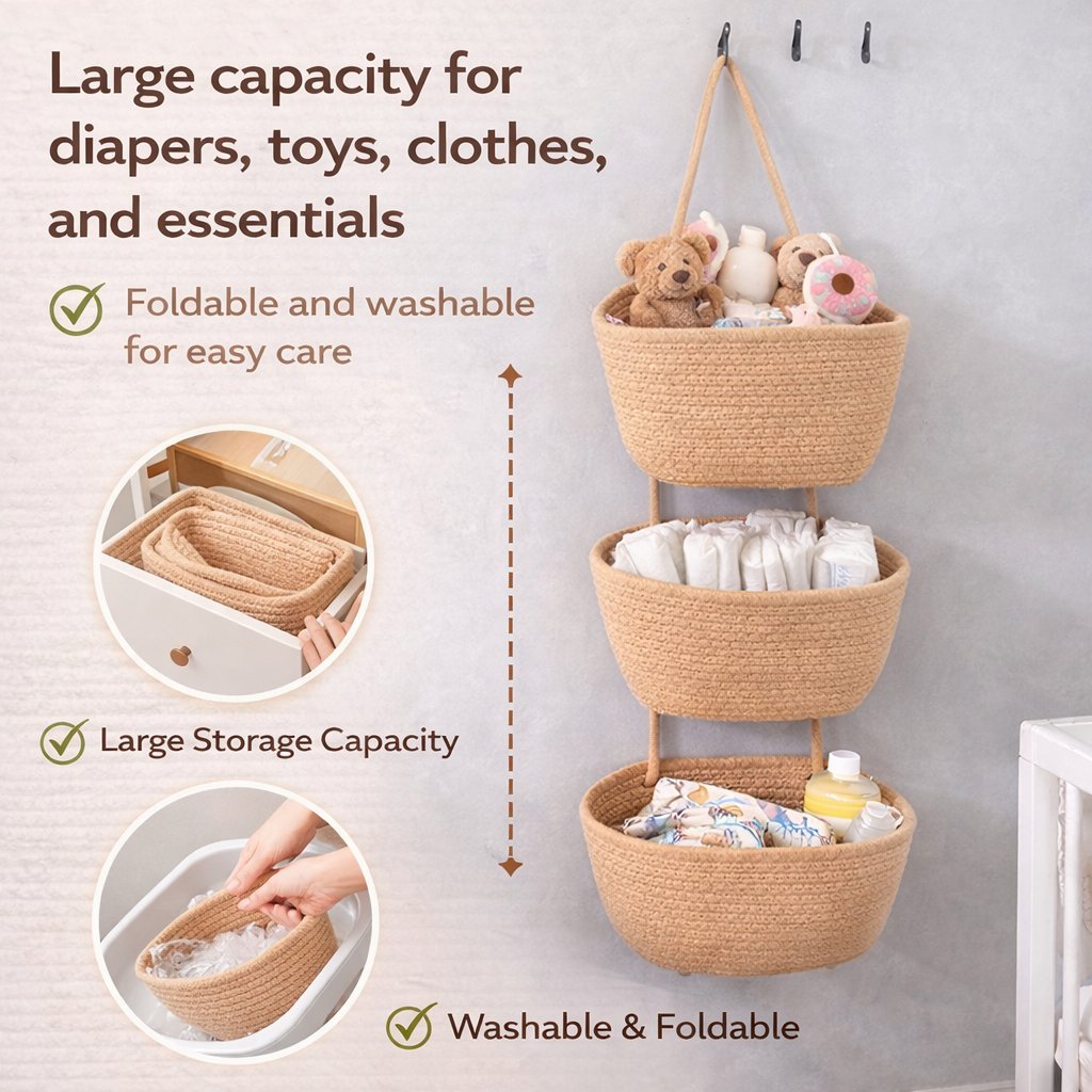 Woven cotton 3-Tier Over the Door Basket, Wall-Mounted Jute Storage Organizer