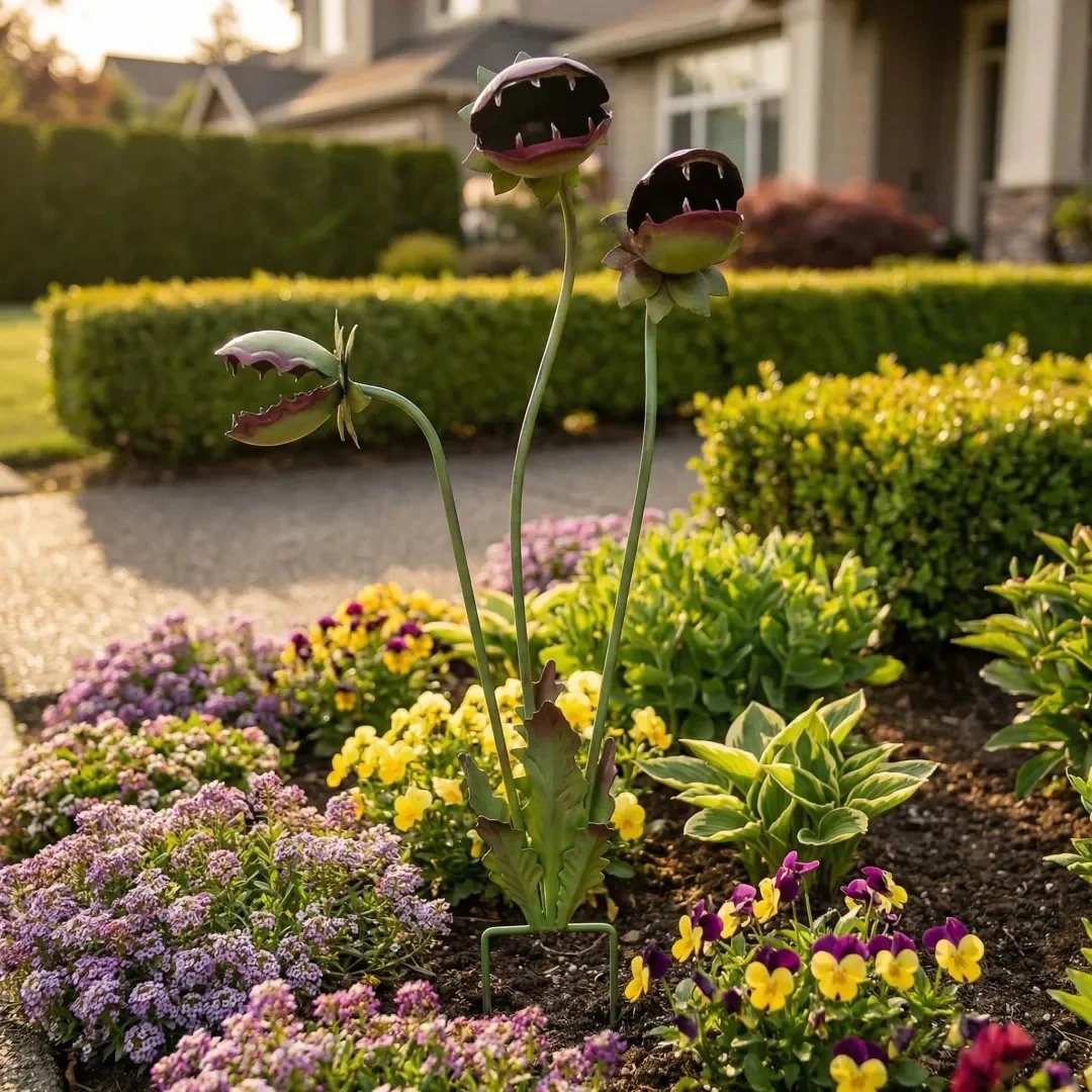Whimsical Metal Carnivorous Plant Garden Stake