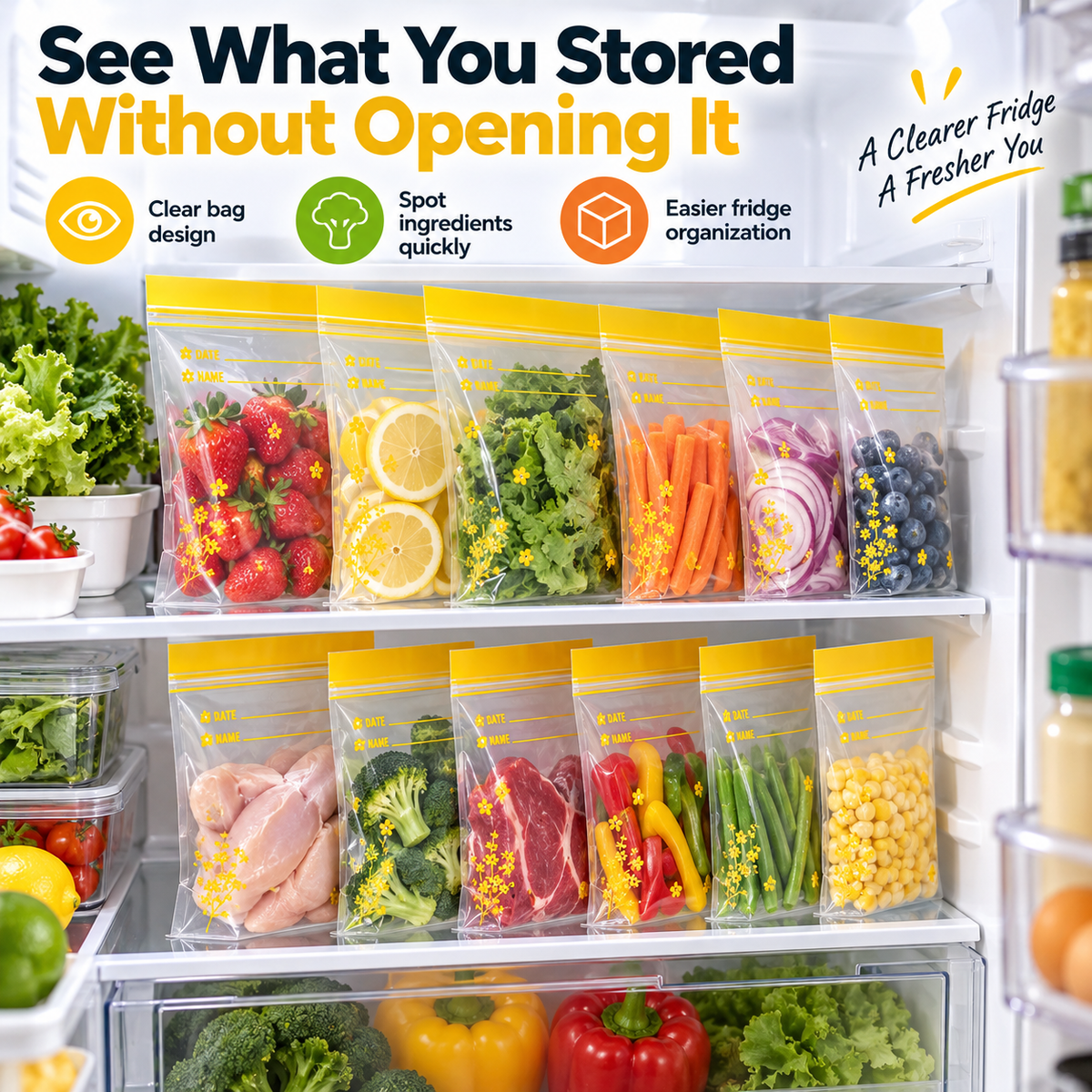 🥕 15-Pack Double-Seal Food Storage Bags – Clear Reusable Pouches for Fridge Organization & Meal Prep