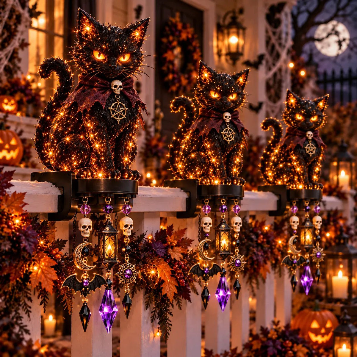 Halloween Character Glow Cascade Railing Lights Pumpkin, Witch, Ghost & Black Cat