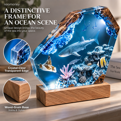 Ocean Scene Night Light Whale Shark Display with Wood-Grain Base