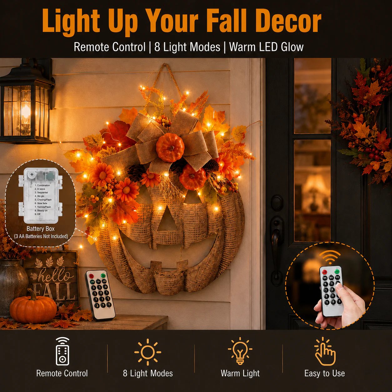 Lighted Burlap Pumpkin Wreath
