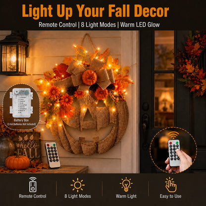 Lighted Burlap Pumpkin Wreath