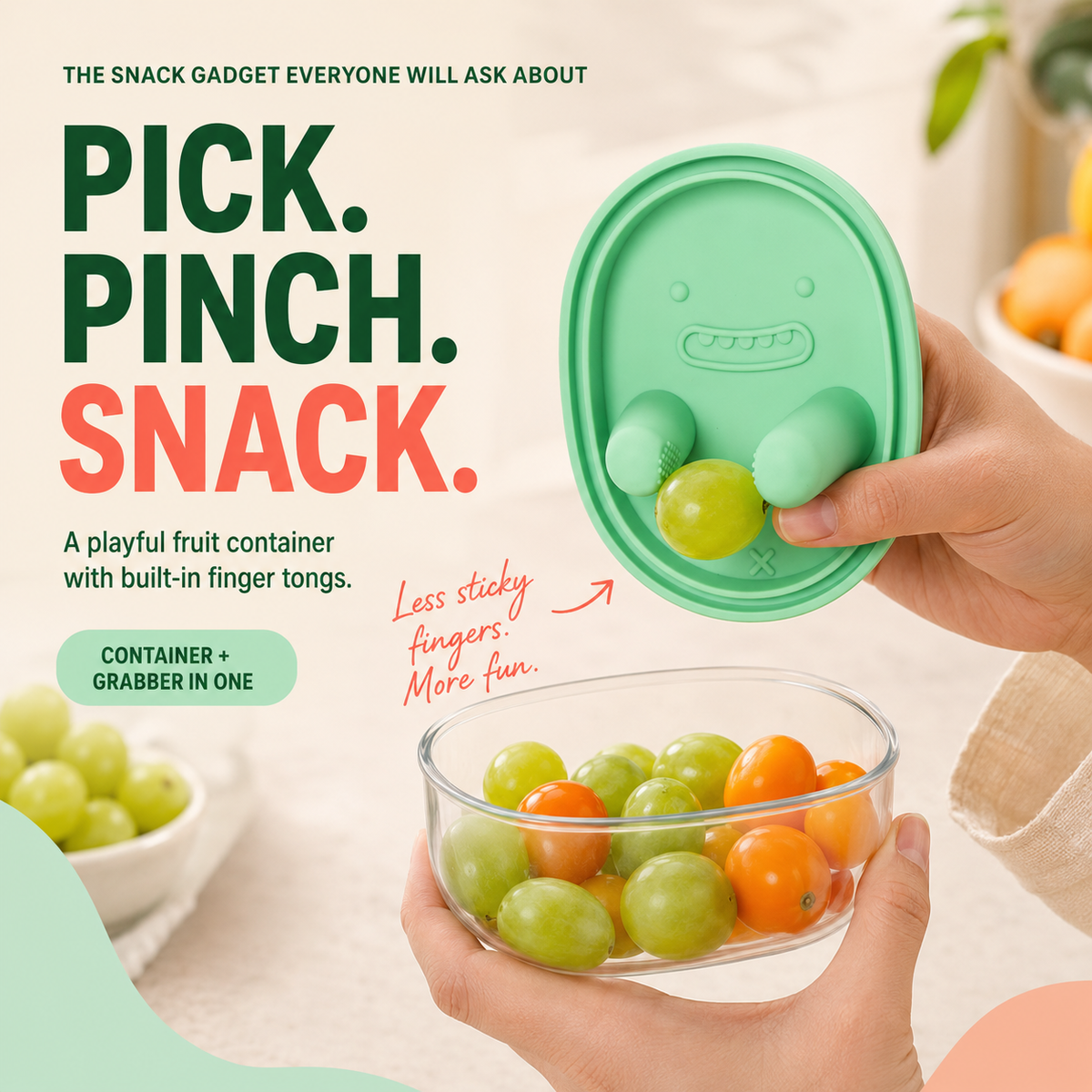 Snack & Grab Fruit Container Built-In Finger Tongs for Less-Mess Snacking
