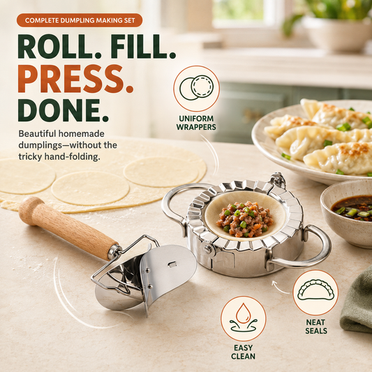 4 in 1 Dumpling Maker Set Roll, Fill, Press & Seal Stainless Steel