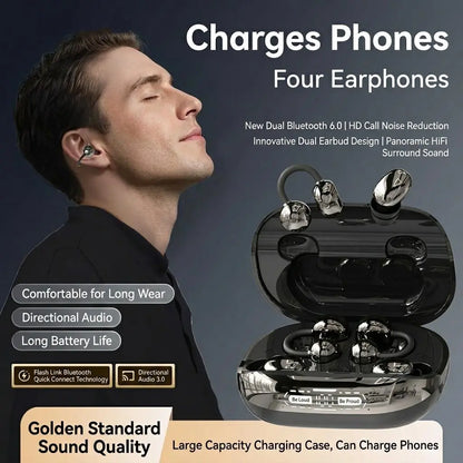 GT699S Bluetooth Wireless Earbuds with Chargeable Power Bank Case, 6 Earbuds, Clip-On Design, Noise Cancellation