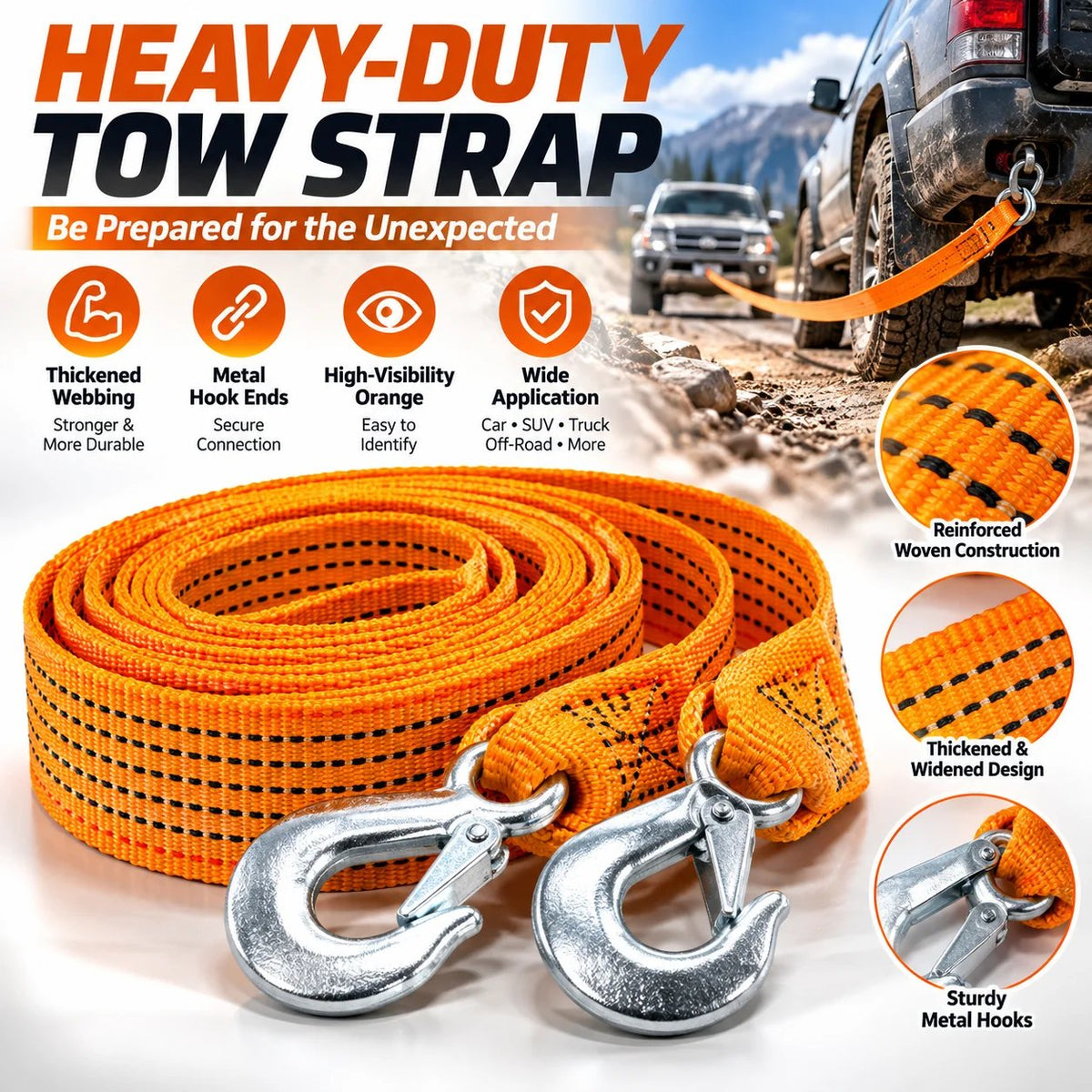 Heavy-Duty Tow Strap with Metal Hooks Thickened High-Strength Vehicle Towing Rope