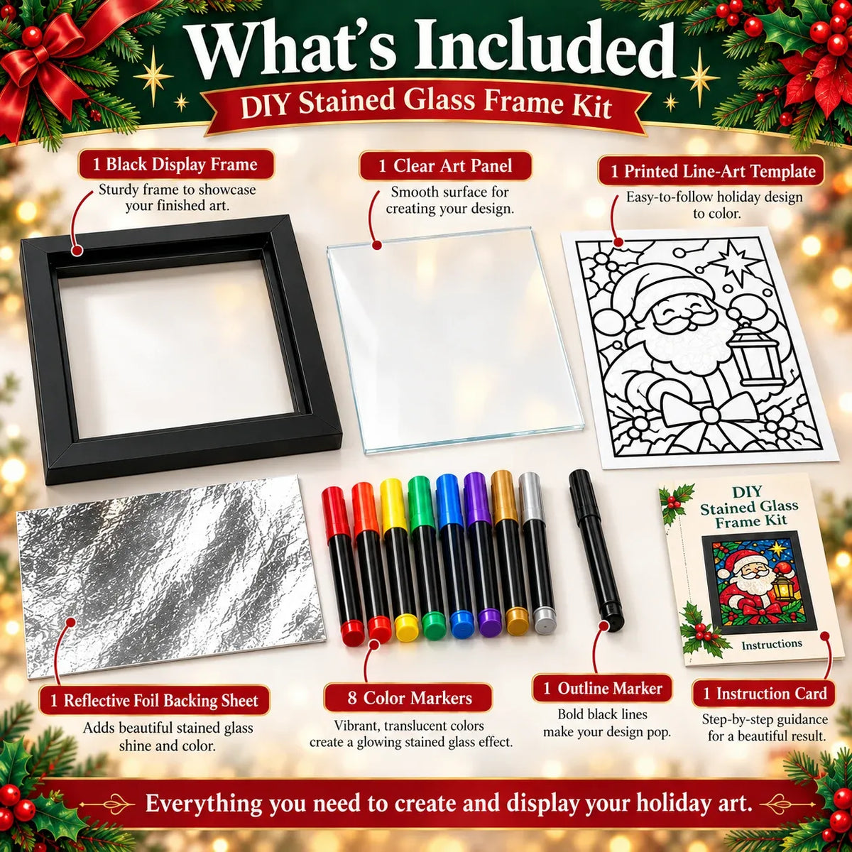 Beginner-Friendly Christmas Stained Glass-Style Frame Kit | 8 Festive Designs with Pens, Foil & Frame
