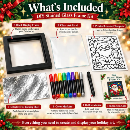 Beginner-Friendly Christmas Stained Glass-Style Frame Kit | 8 Festive Designs with Pens, Foil & Frame