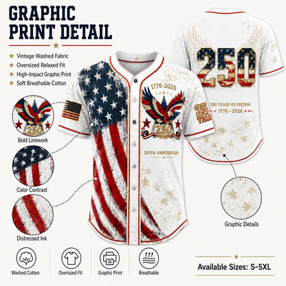 Men's USA 250th Anniversary Baseball Jersey Patriotic American Flag Eagle Button Down Shirt 1776-2026