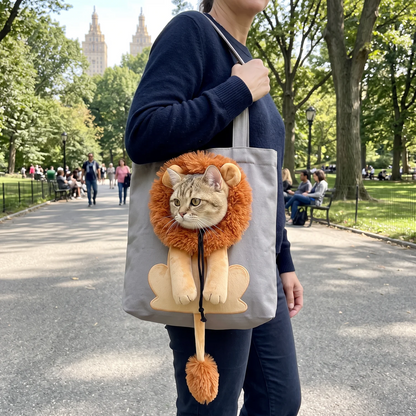 Lion-Shaped Pet Shoulder Bag Cute Canvas Cat Carrier with Adjustable Head Opening & Soft Plush Details