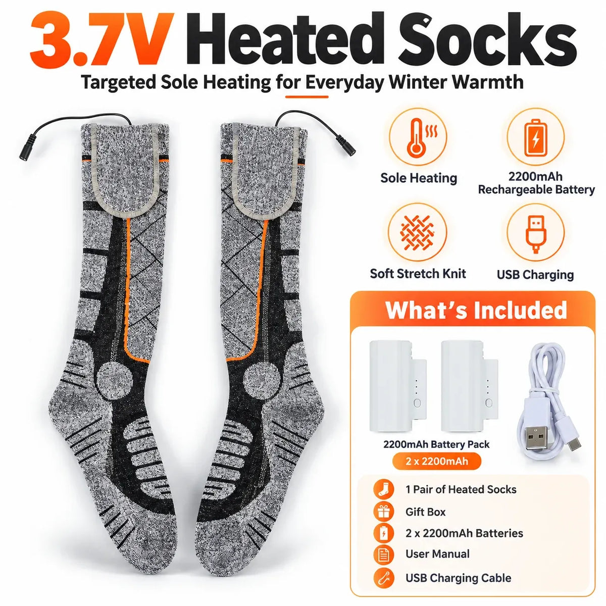 Rechargeable Heated Socks 3 Heat Levels & 2200mAh Batteries