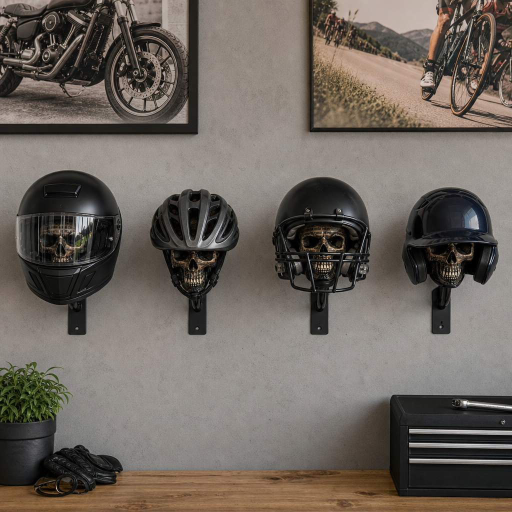 Motorcycle Skull Helmet Holder Garage Display Wall Mount