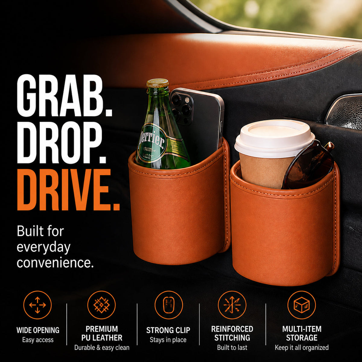 Leather Car Door Cup Holder Wide mouth opening, easy reach for drinks & phone