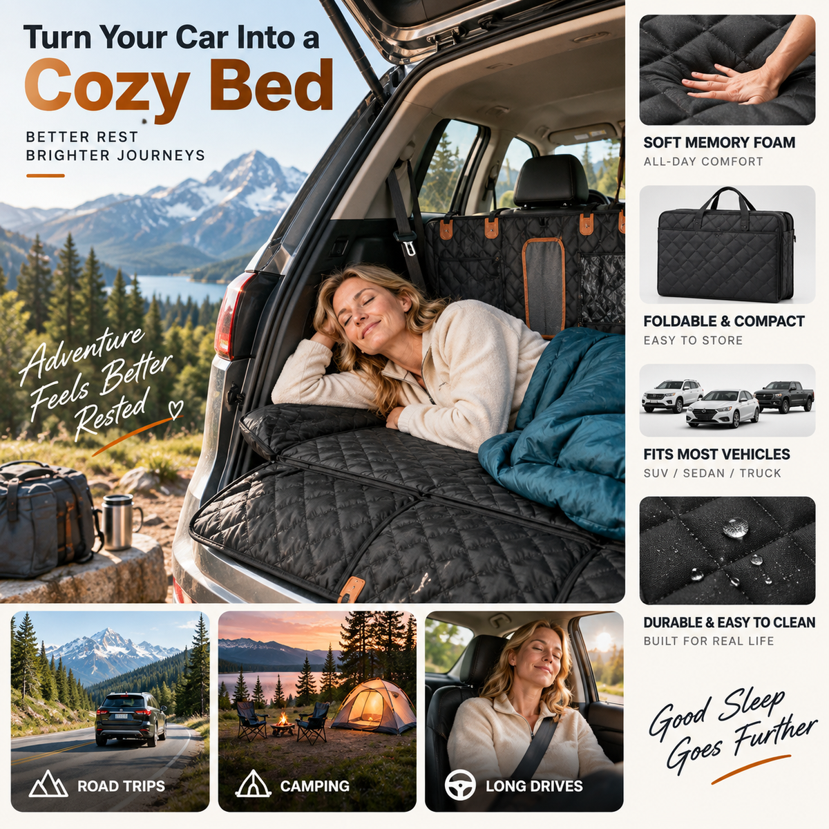 NOW! Car Rear-Seat Memory Foam Travel Mattress Foldable SUV Sedan Truck Camping Bed