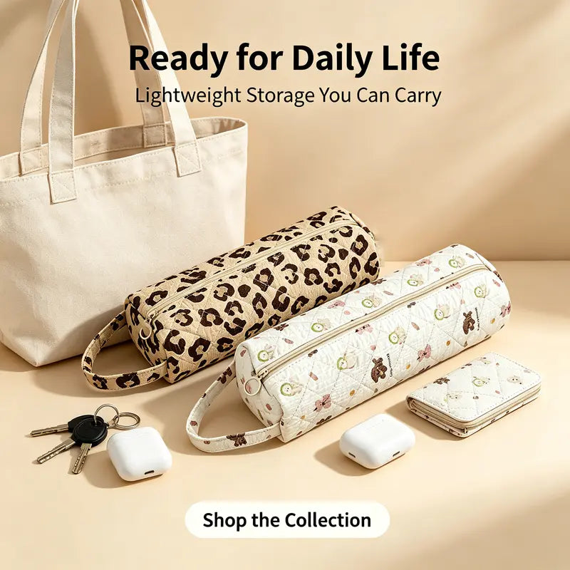 Cute Quilted Makeup Bag | Cylindrical Travel Organizer