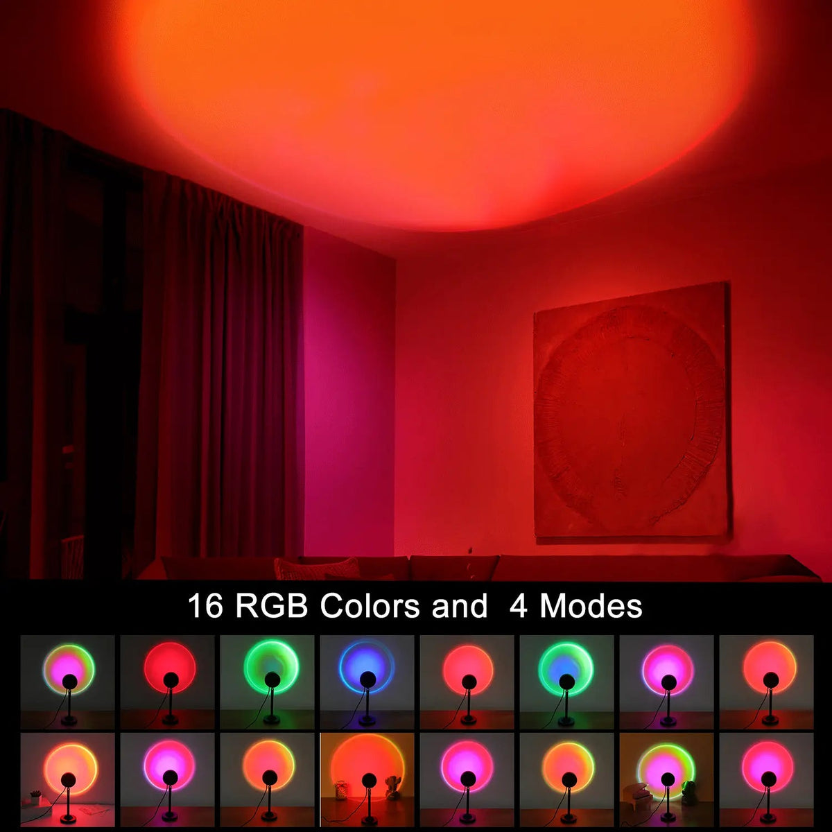 Upgraded Sunset Lamp Projector - 180° Rotating, 16 RGB LED Colors, 4 Modes