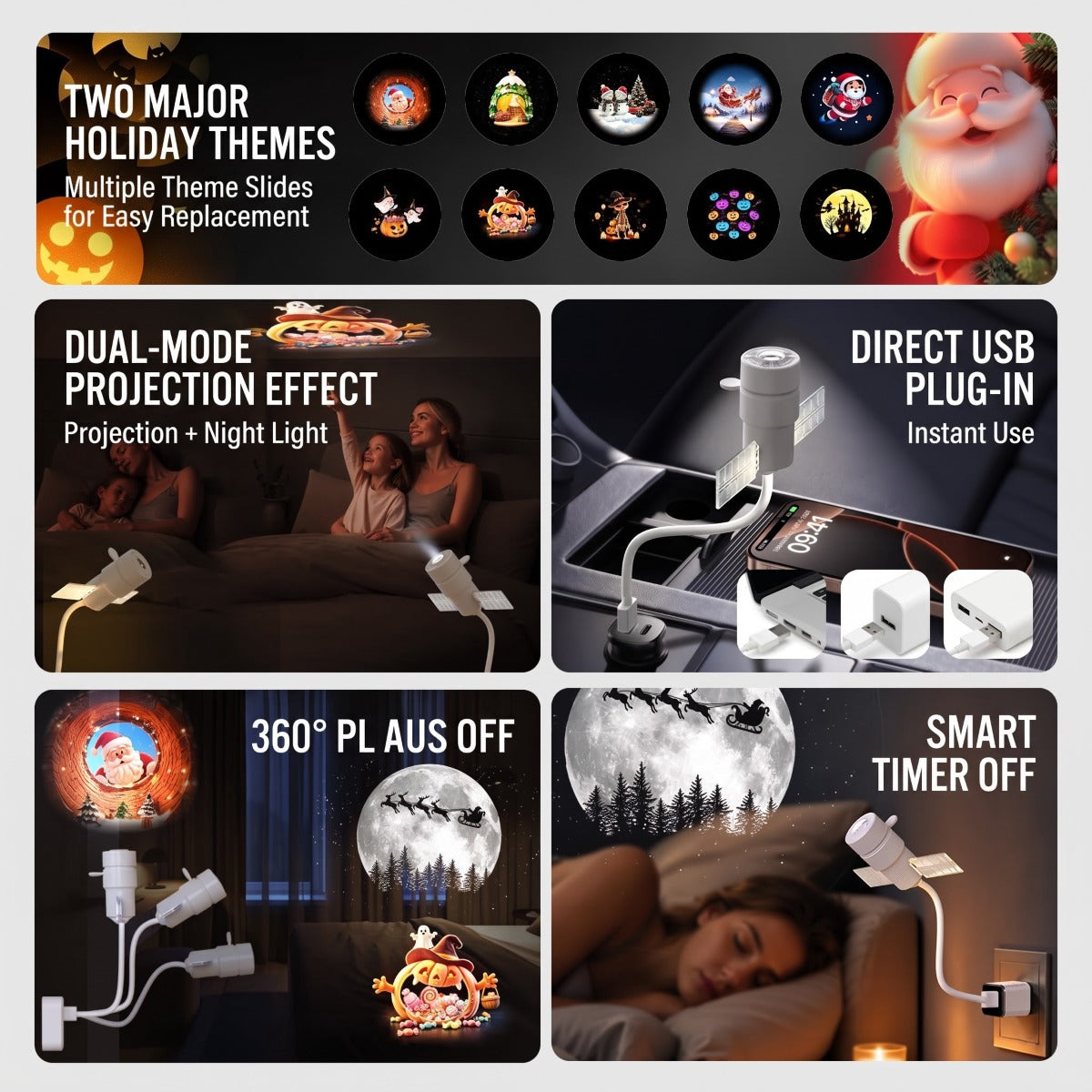 2-in-1 Christmas & Halloween Projector Night Light