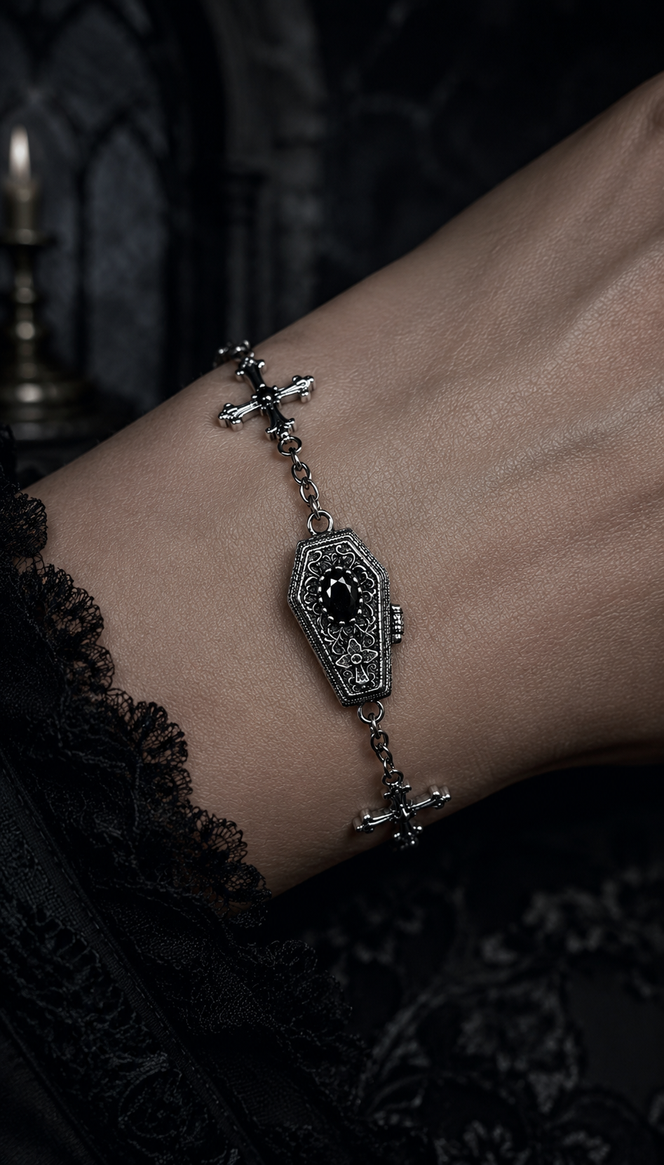 Sterling Silver Gothic Coffin Cross Bracelet