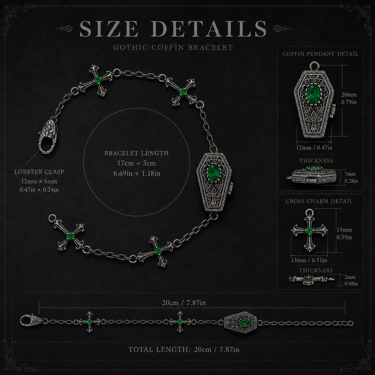 Sterling Silver Gothic Coffin Cross Bracelet