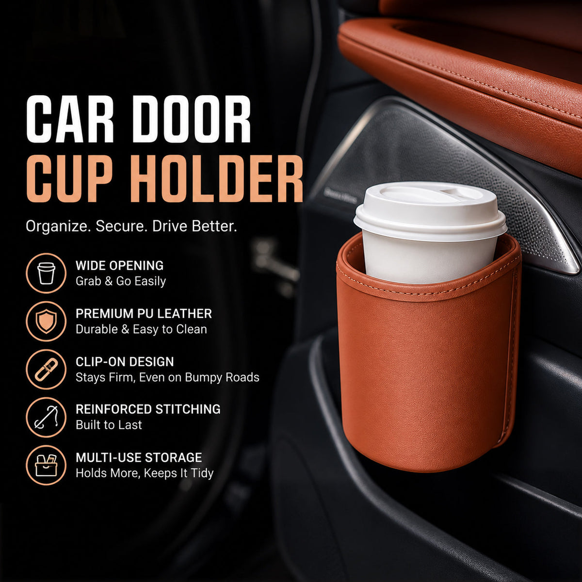 Leather Car Door Cup Holder Wide mouth opening, easy reach for drinks & phone