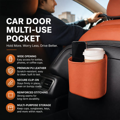 Leather Car Door Cup Holder Wide mouth opening, easy reach for drinks & phone