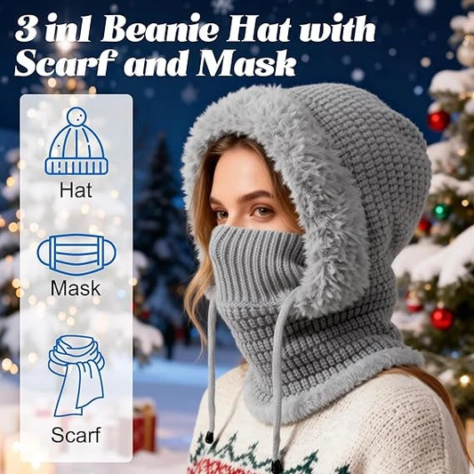 Ready for Winter! Women 3-in-1 Knitted Balaclava Hat, Fleece Lined Warm Hood Beanie with Scarf & Face Mask