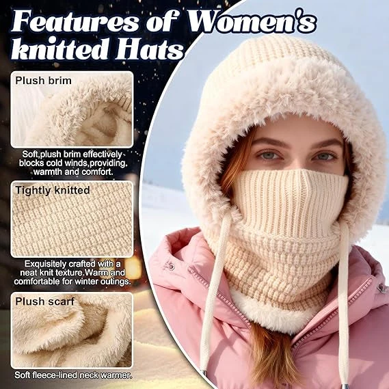 Ready for Winter! Women 3-in-1 Knitted Balaclava Hat, Fleece Lined Warm Hood Beanie with Scarf & Face Mask