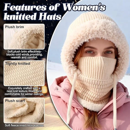Ready for Winter! Women 3-in-1 Knitted Balaclava Hat, Fleece Lined Warm Hood Beanie with Scarf & Face Mask