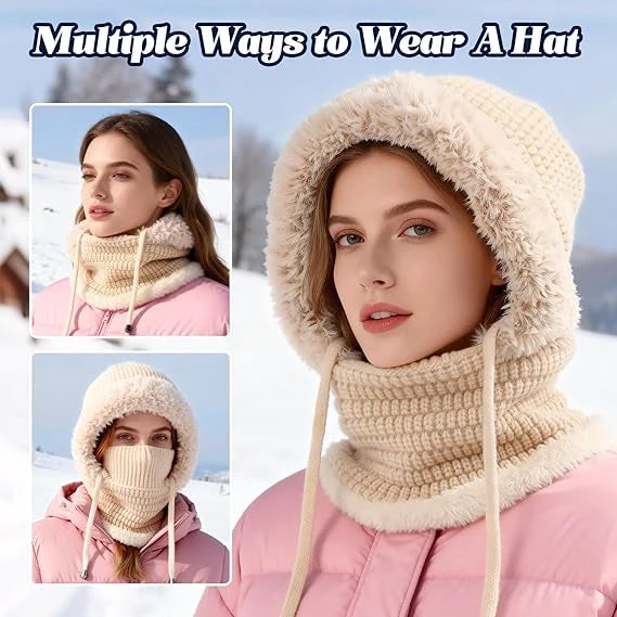 Ready for Winter! Women 3-in-1 Knitted Balaclava Hat, Fleece Lined Warm Hood Beanie with Scarf & Face Mask