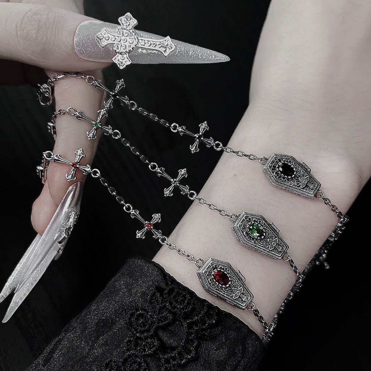 Sterling Silver Gothic Coffin Cross Bracelet