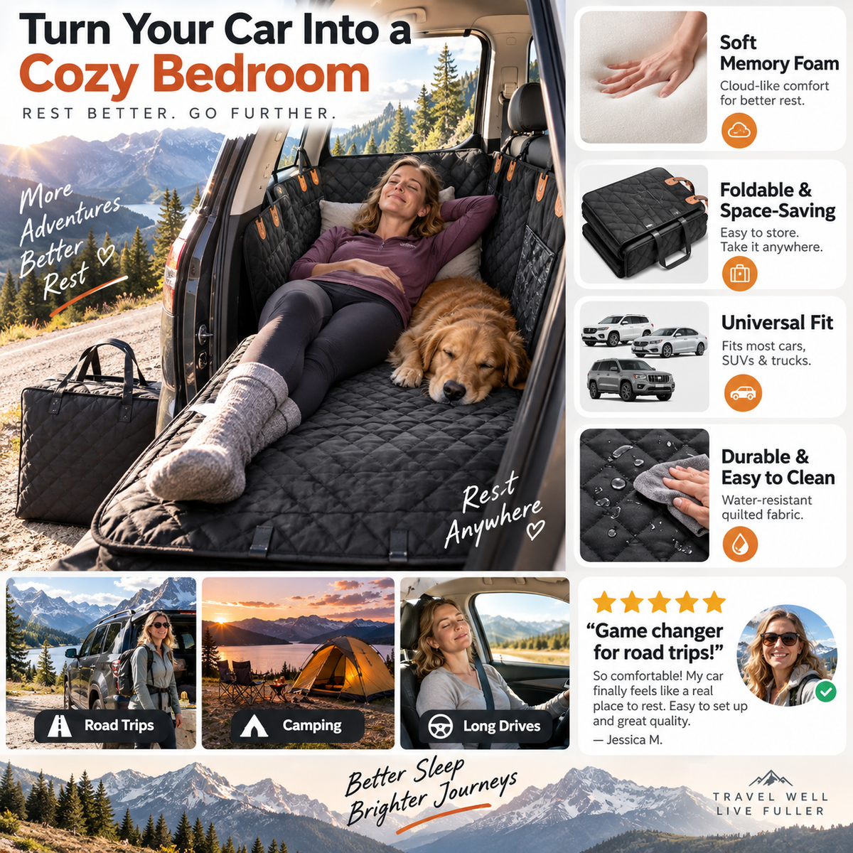 NOW! Car Rear-Seat Memory Foam Travel Mattress Foldable SUV Sedan Truck Camping Bed