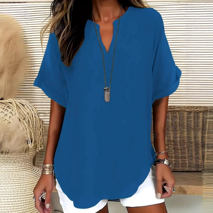 Women's Plain Short Sleeve V-Neck Chiffon Blouse