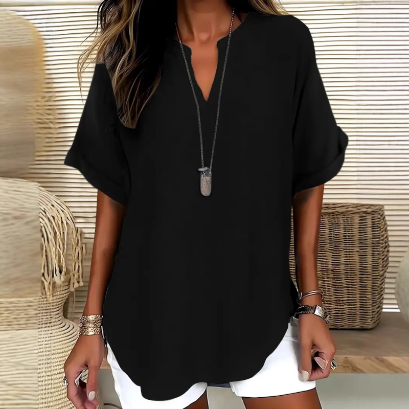 Women's Plain Short Sleeve V-Neck Chiffon Blouse