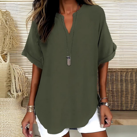 Women's Plain Short Sleeve V-Neck Chiffon Blouse