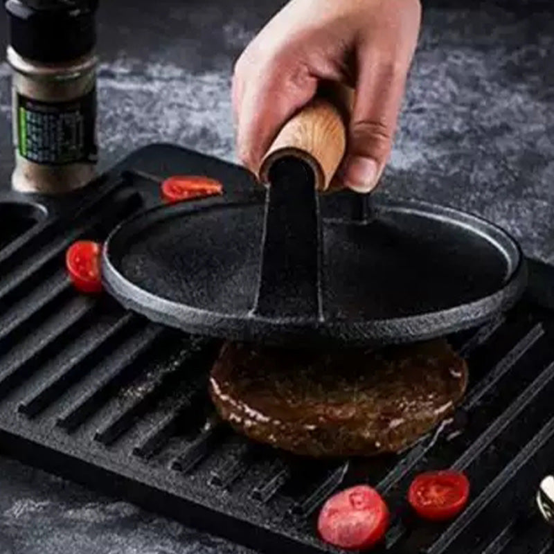 Cast Iron Steak & Burger Press with Wooden Handle Even Heat Distribution