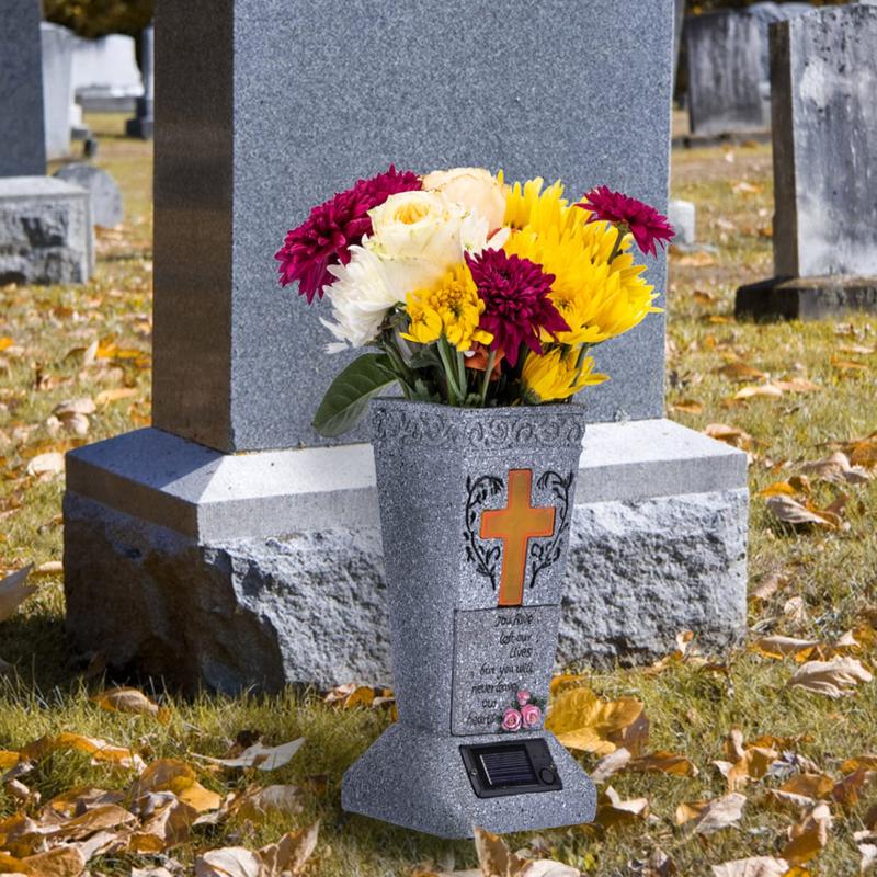 arrival Solar LED Grave Vase with Ground Spike for Cemetery Headstones Memorial Flower Holder