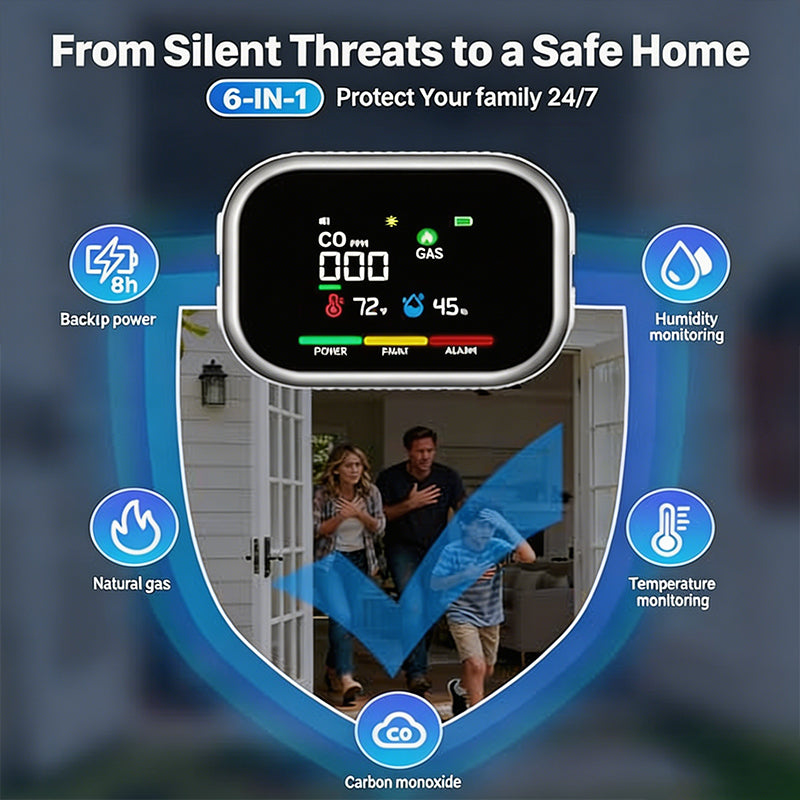 🛡️  6-in-1 Portable Indoor Environment Monitor– CO, Gas, Smoke, Temperature & Humidity Monitor