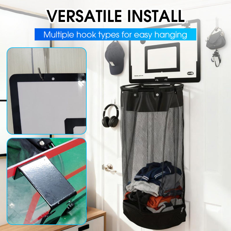 Over-the-Door Basketball Laundry Hamper | Creative Score Game, Big Black Mesh Net, Acrylic/Wood Backboard