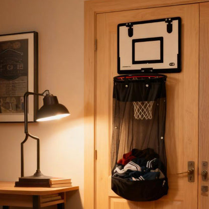Over-the-Door Basketball Laundry Hamper | Creative Score Game, Big Black Mesh Net, Acrylic/Wood Backboard