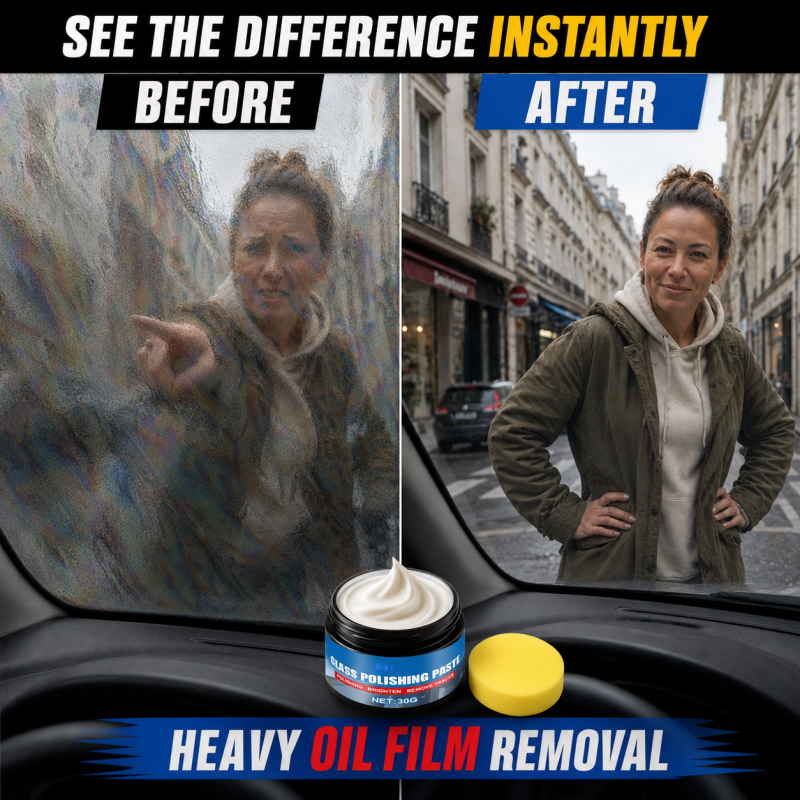 Car Glass Oil Film Remover Eliminates Glare & Wiper Smears, Repels Rain, Works on All Glass Sponge Included!